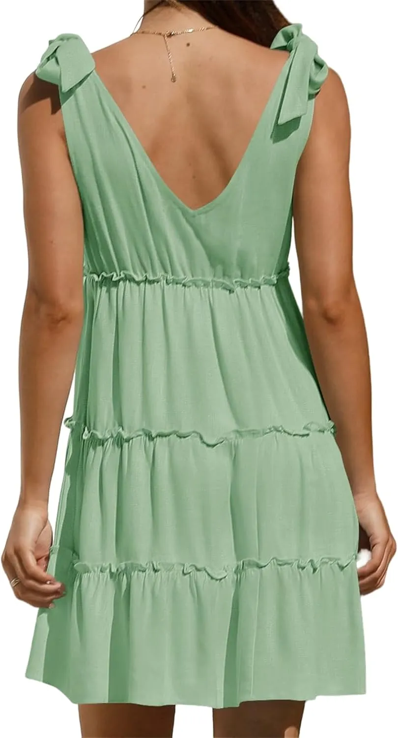 uSecee Summer Dress for Women Tie Shoulder V Neck Sleeveless Tiered Ruffle Swing A Line Short Sundresses Badydoll Mini Dress