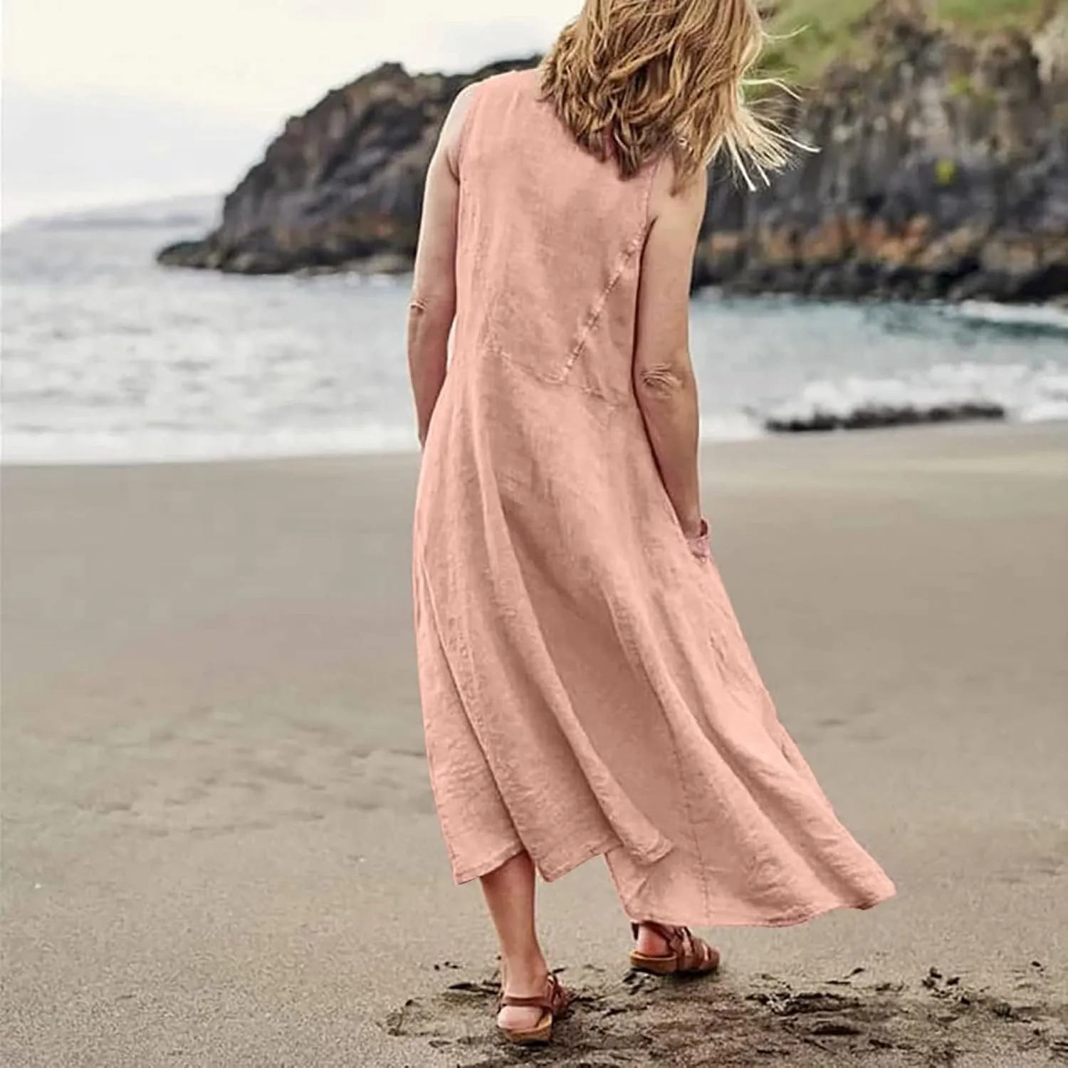 Vacation Dresses for Women 2025 Beach Summer Sleeveless Linen Maxi Dress Boho Flowy Plus Size Sun Dresses with Pocket
