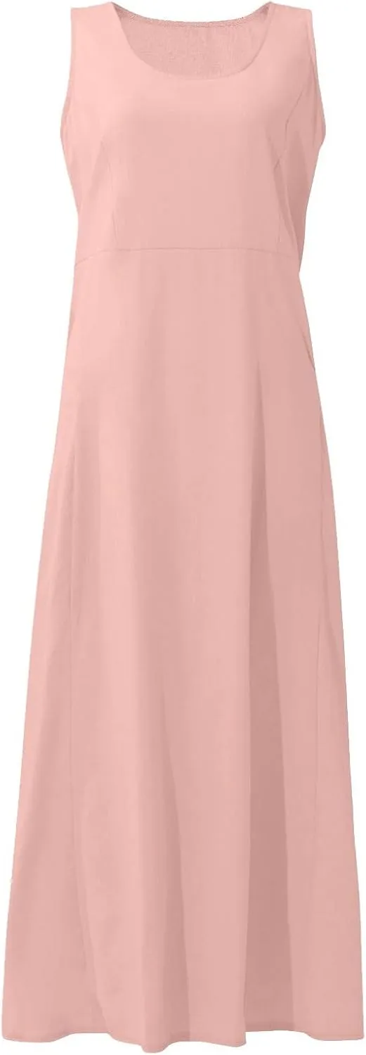 Vacation Dresses for Women 2025 Beach Summer Sleeveless Linen Maxi Dress Boho Flowy Plus Size Sun Dresses with Pocket