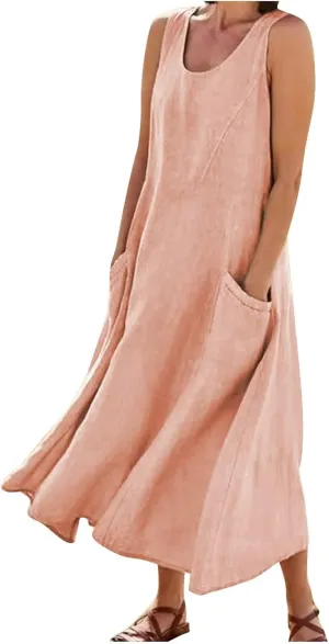 Vacation Dresses for Women 2025 Beach Summer Sleeveless Linen Maxi Dress Boho Flowy Plus Size Sun Dresses with Pocket