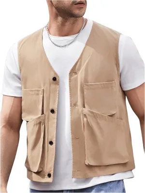 Verdusa Men's Button Up Sleeveless Utility Cargo Vest Jacket Waistcoat with Pockets