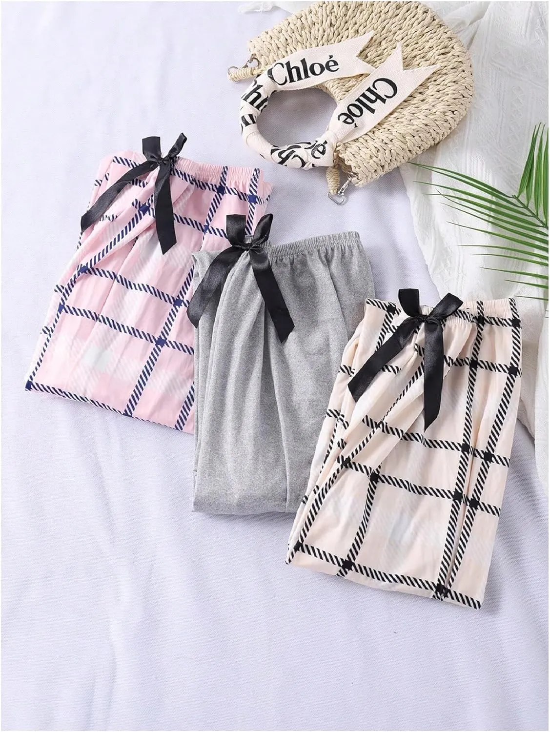 Verdusa Women's 3 Pack Plaid Pajama Bow Lounge Pants Sleepwear Pj Bottoms