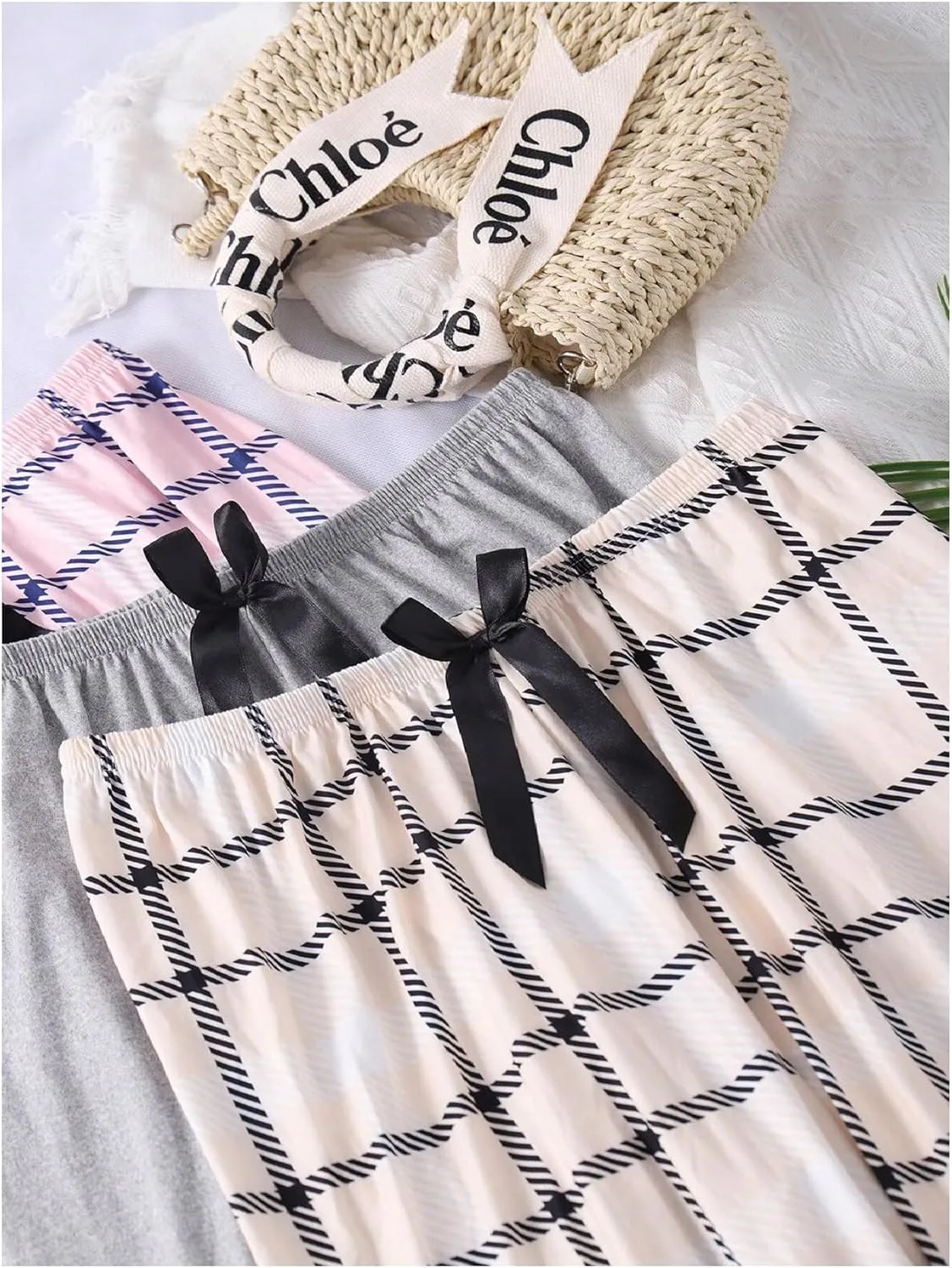 Verdusa Women's 3 Pack Plaid Pajama Bow Lounge Pants Sleepwear Pj Bottoms