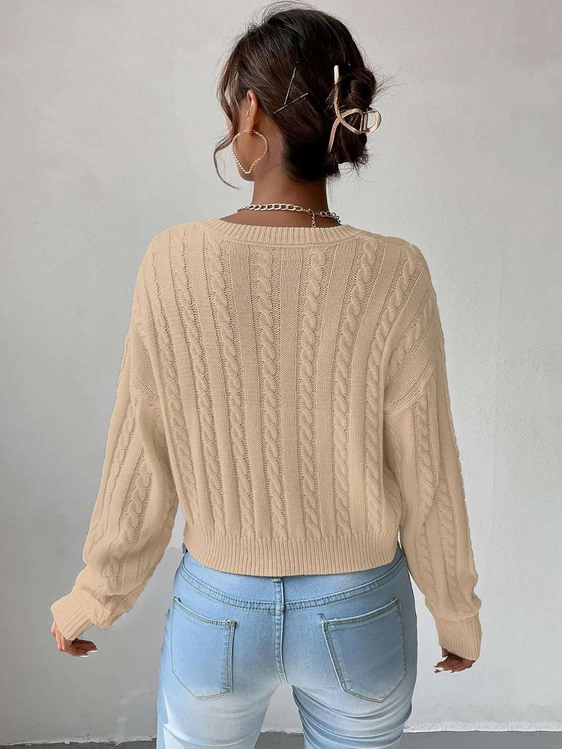 Verdusa Women's Drop Shoulder V Neck Sweater Jumper Long Sleeve Knit Pullover