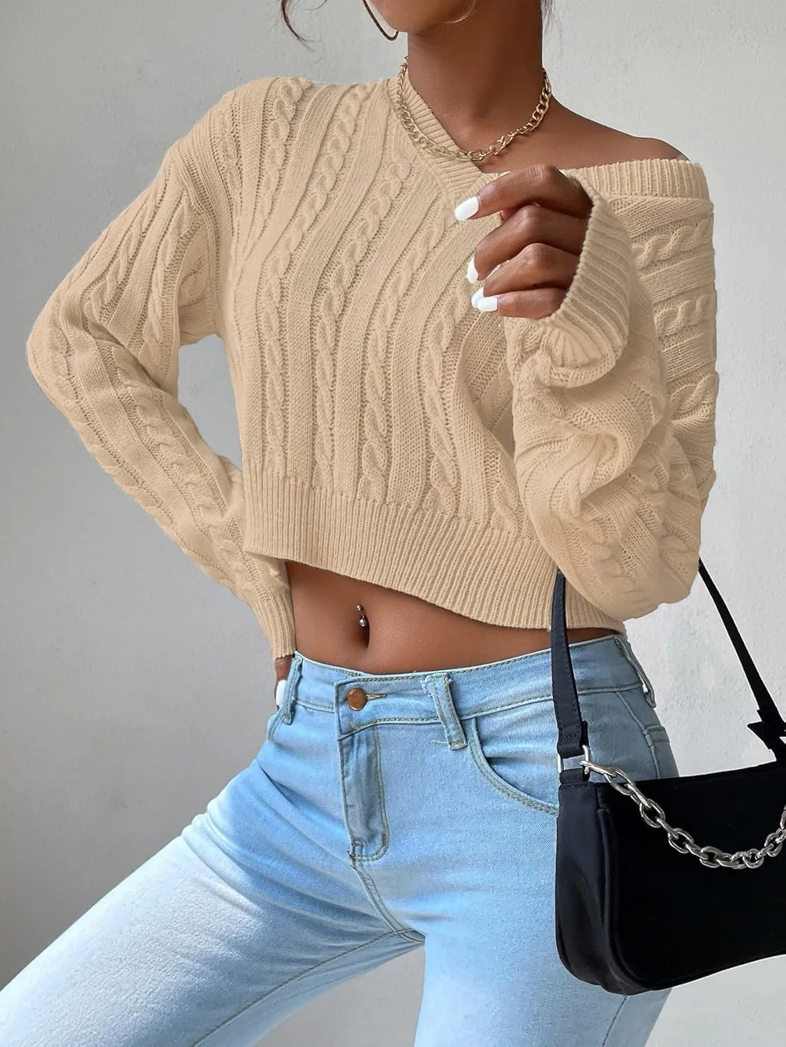 Verdusa Women's Drop Shoulder V Neck Sweater Jumper Long Sleeve Knit Pullover