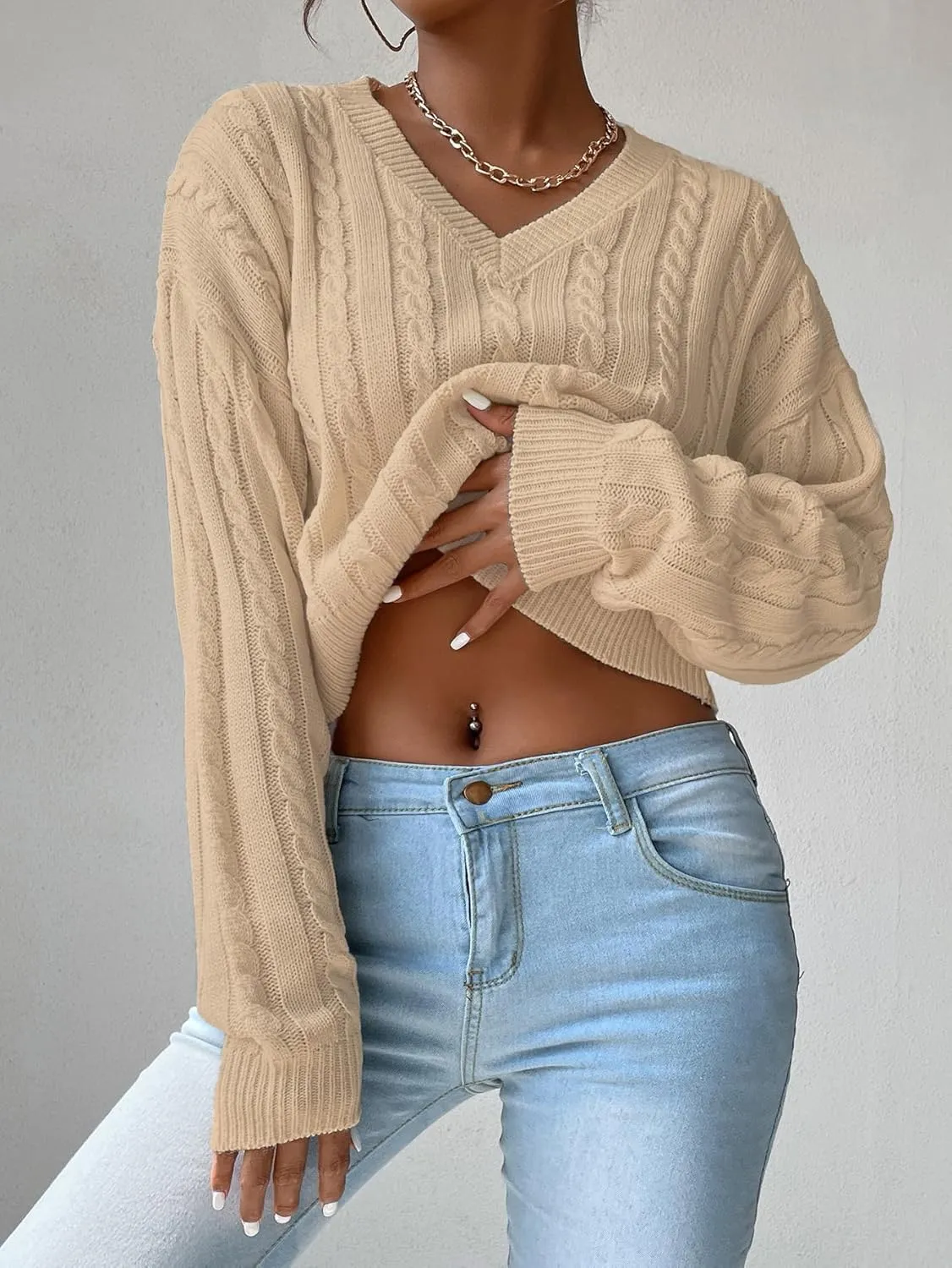 Verdusa Women's Drop Shoulder V Neck Sweater Jumper Long Sleeve Knit Pullover