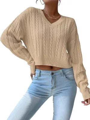 Verdusa Women's Drop Shoulder V Neck Sweater Jumper Long Sleeve Knit Pullover