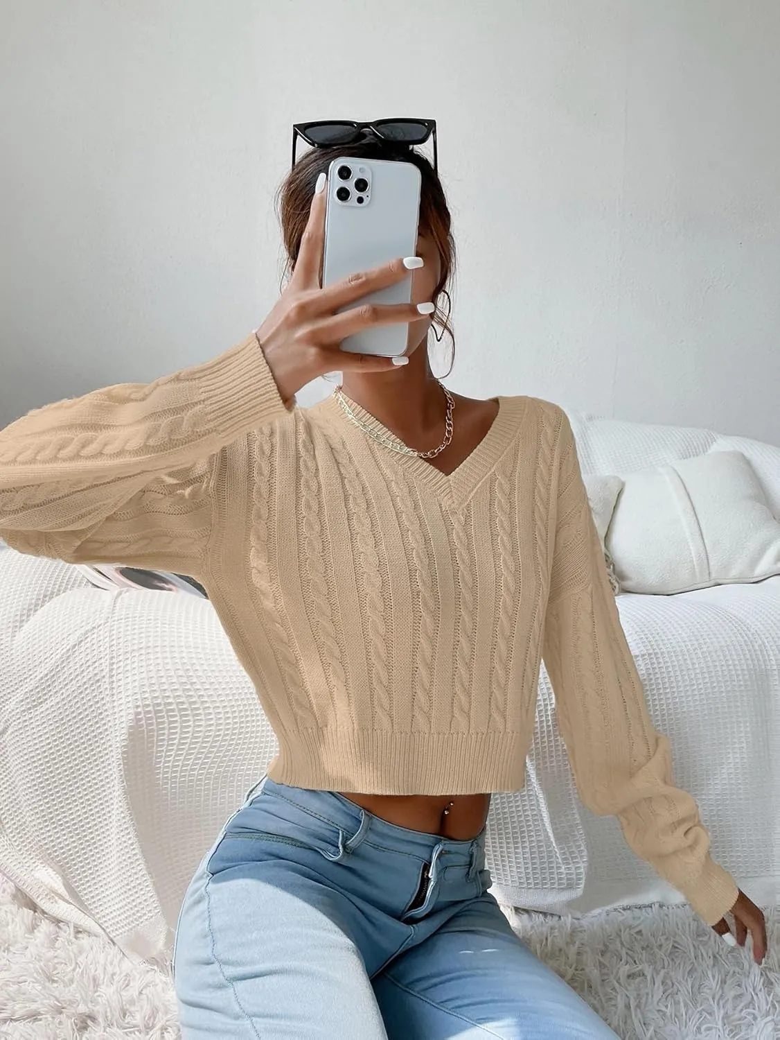 Verdusa Women's Drop Shoulder V Neck Sweater Jumper Long Sleeve Knit Pullover