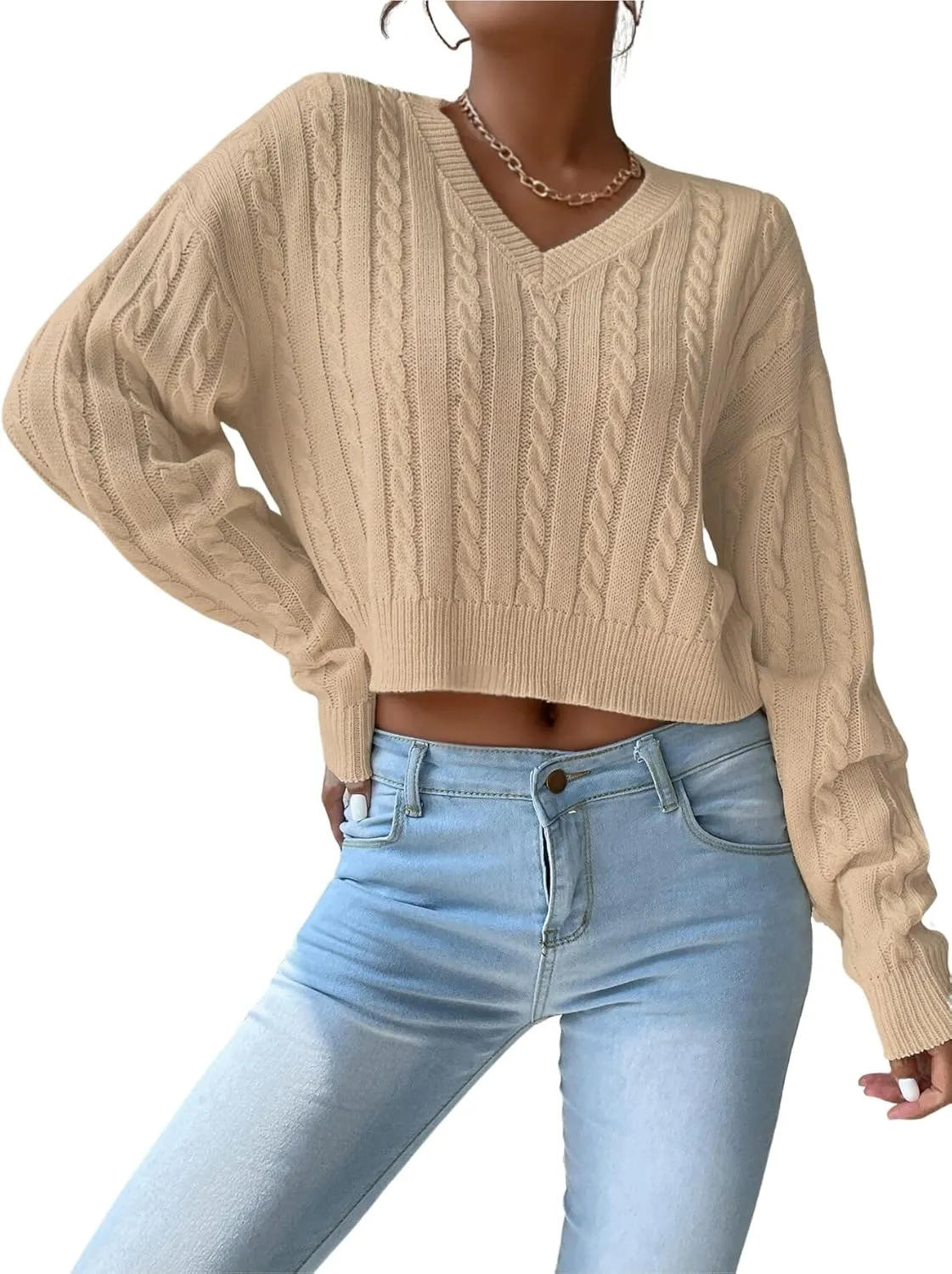 Verdusa Women's Drop Shoulder V Neck Sweater Jumper Long Sleeve Knit Pullover