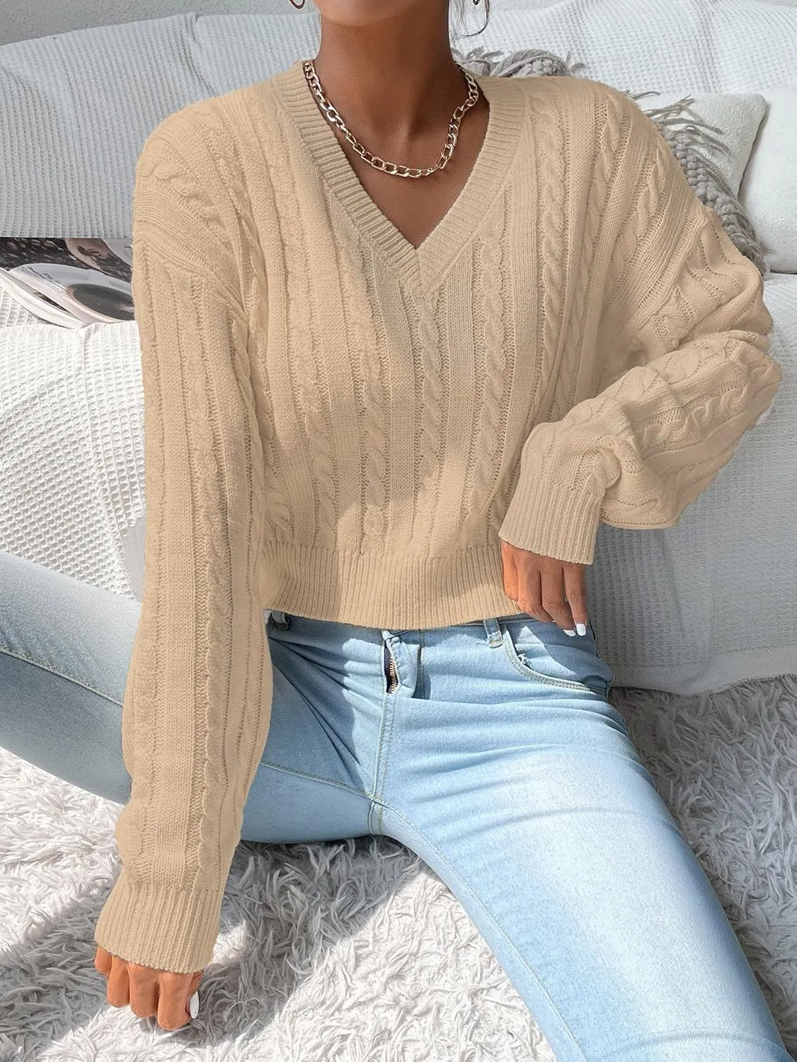 Verdusa Women's Drop Shoulder V Neck Sweater Jumper Long Sleeve Knit Pullover