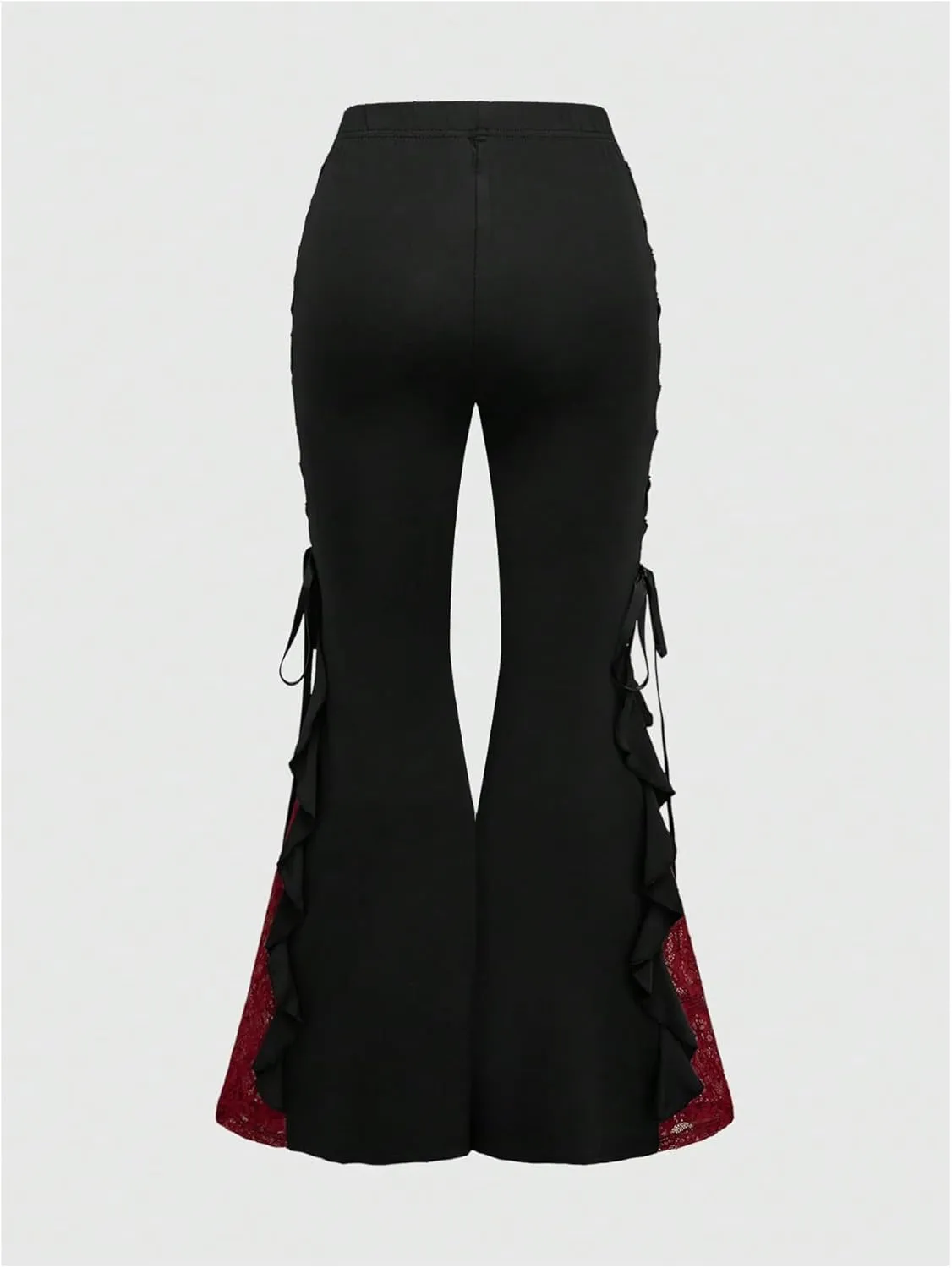 Verdusa Women's Goth Bow Tie Contrast Lace Flare Pants High Rise Ruffle Bell Bottom Pants