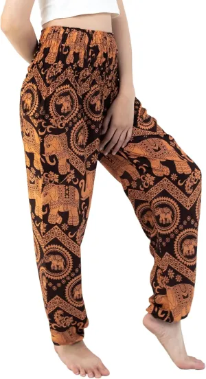 VIENG PING, Premium Rayon High-Waisted Boho Elephant Print Trousers Smocked Waist Harem Casual Yoga Pants for Women