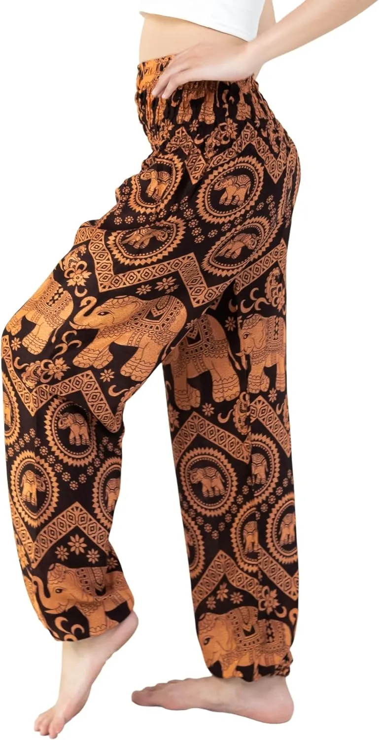 VIENG PING, Premium Rayon High-Waisted Boho Elephant Print Trousers Smocked Waist Harem Casual Yoga Pants for Women