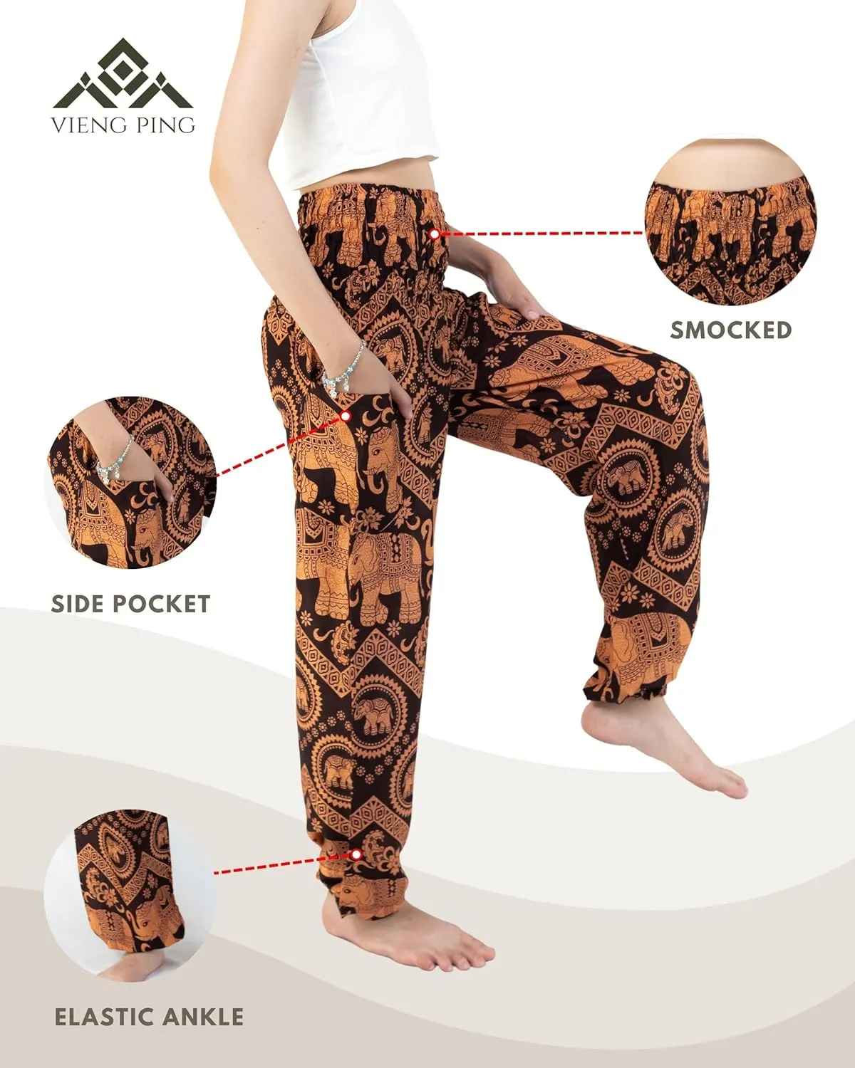 VIENG PING, Premium Rayon High-Waisted Boho Elephant Print Trousers Smocked Waist Harem Casual Yoga Pants for Women