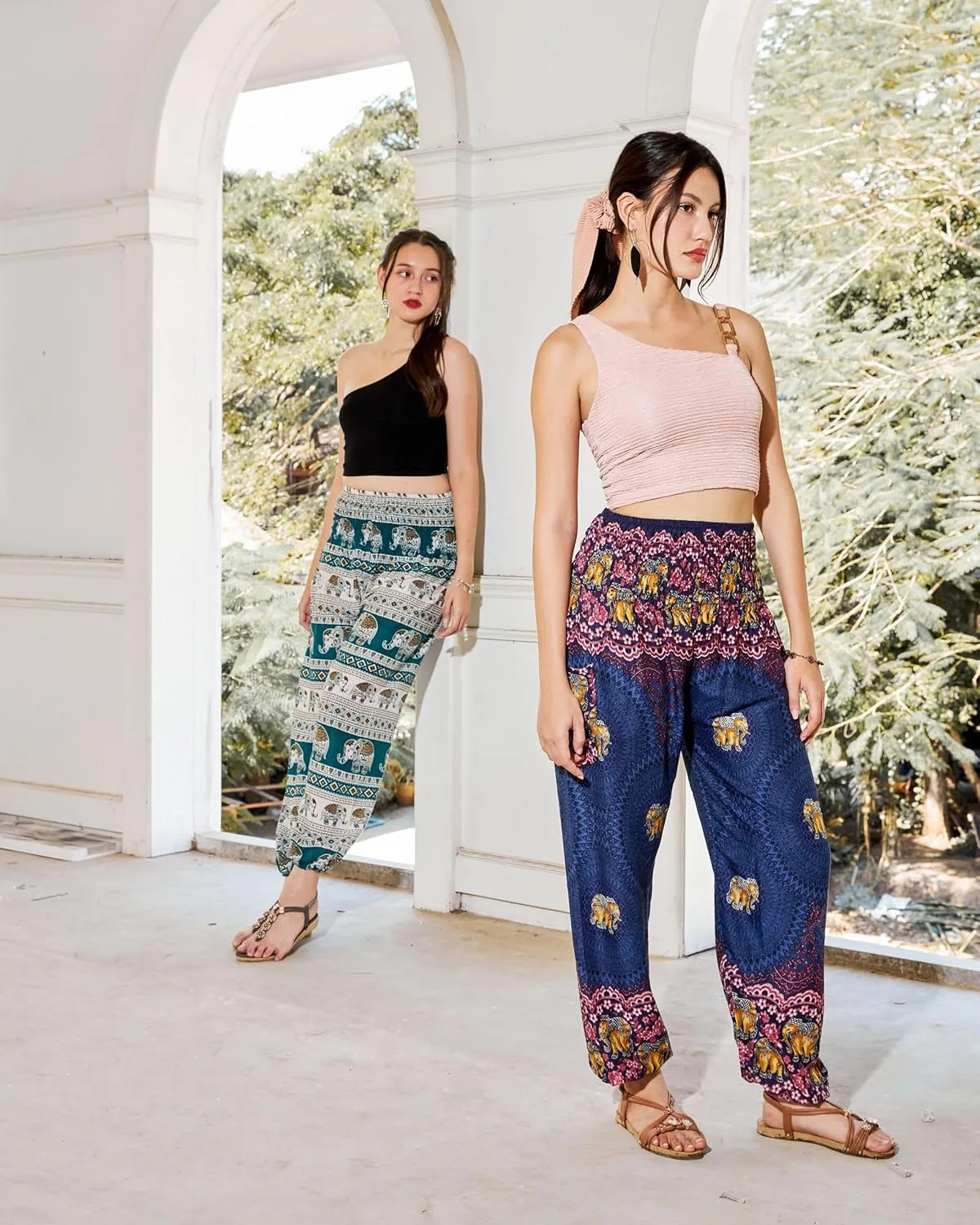 VIENG PING, Premium Rayon High-Waisted Boho Elephant Print Trousers Smocked Waist Harem Casual Yoga Pants for Women