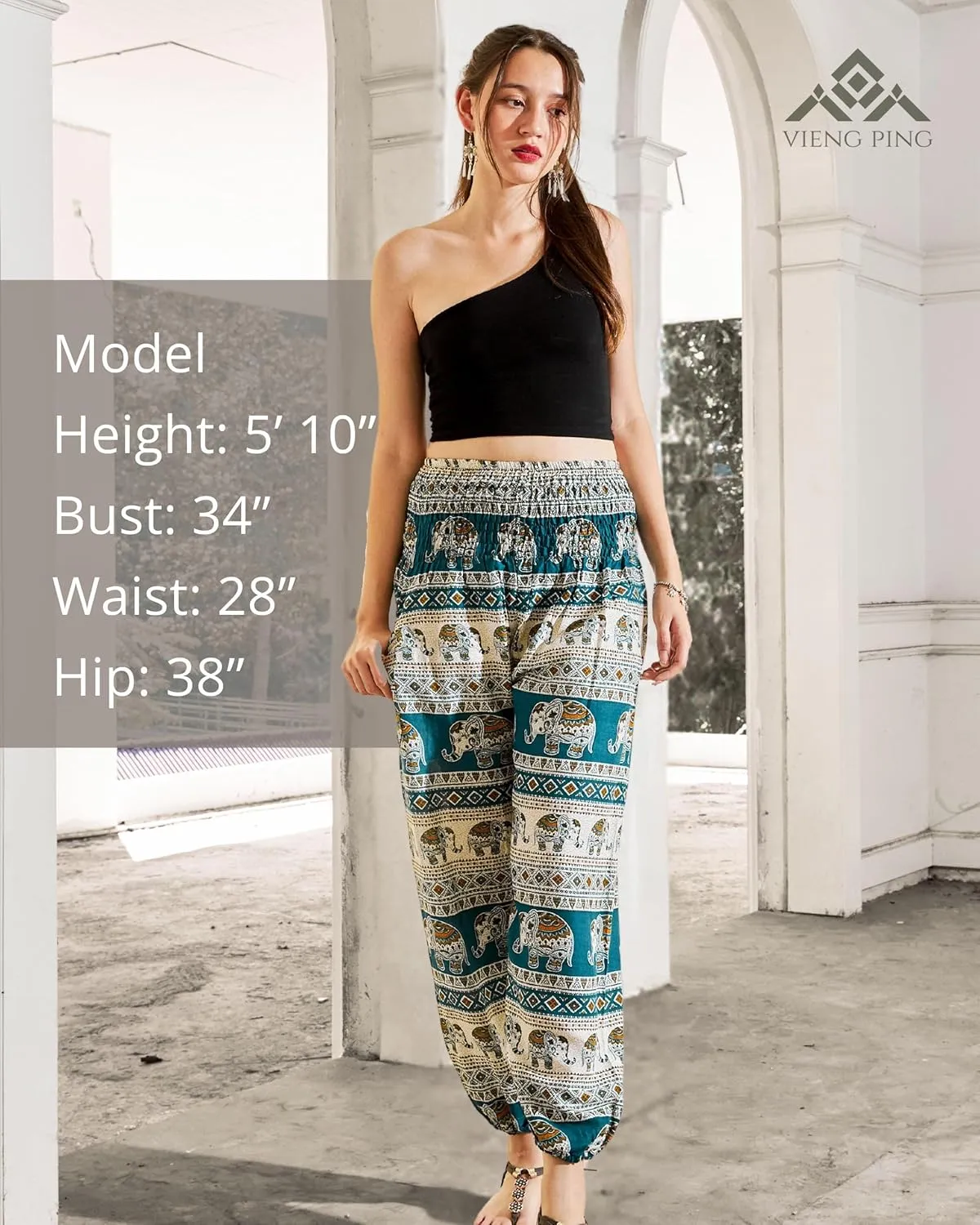 VIENG PING, Premium Rayon High-Waisted Boho Elephant Print Trousers Smocked Waist Harem Casual Yoga Pants for Women