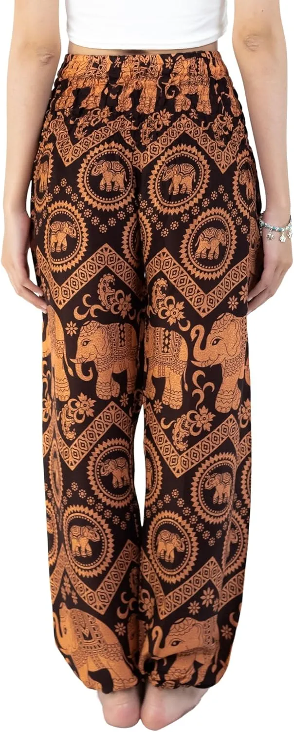 VIENG PING, Premium Rayon High-Waisted Boho Elephant Print Trousers Smocked Waist Harem Casual Yoga Pants for Women