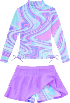 Vogseek 3-12T Girls Rash Guard 2 Pieces Bathing Suit Long Sleeve Swimsuit Swimming Skirt with Shorts Swimwear