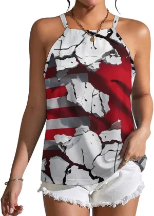 Wall Cracked American Canada Flag Women's Tank Top Sleeveless Spaghetti Straps Tie Back Print T-shirt Tops