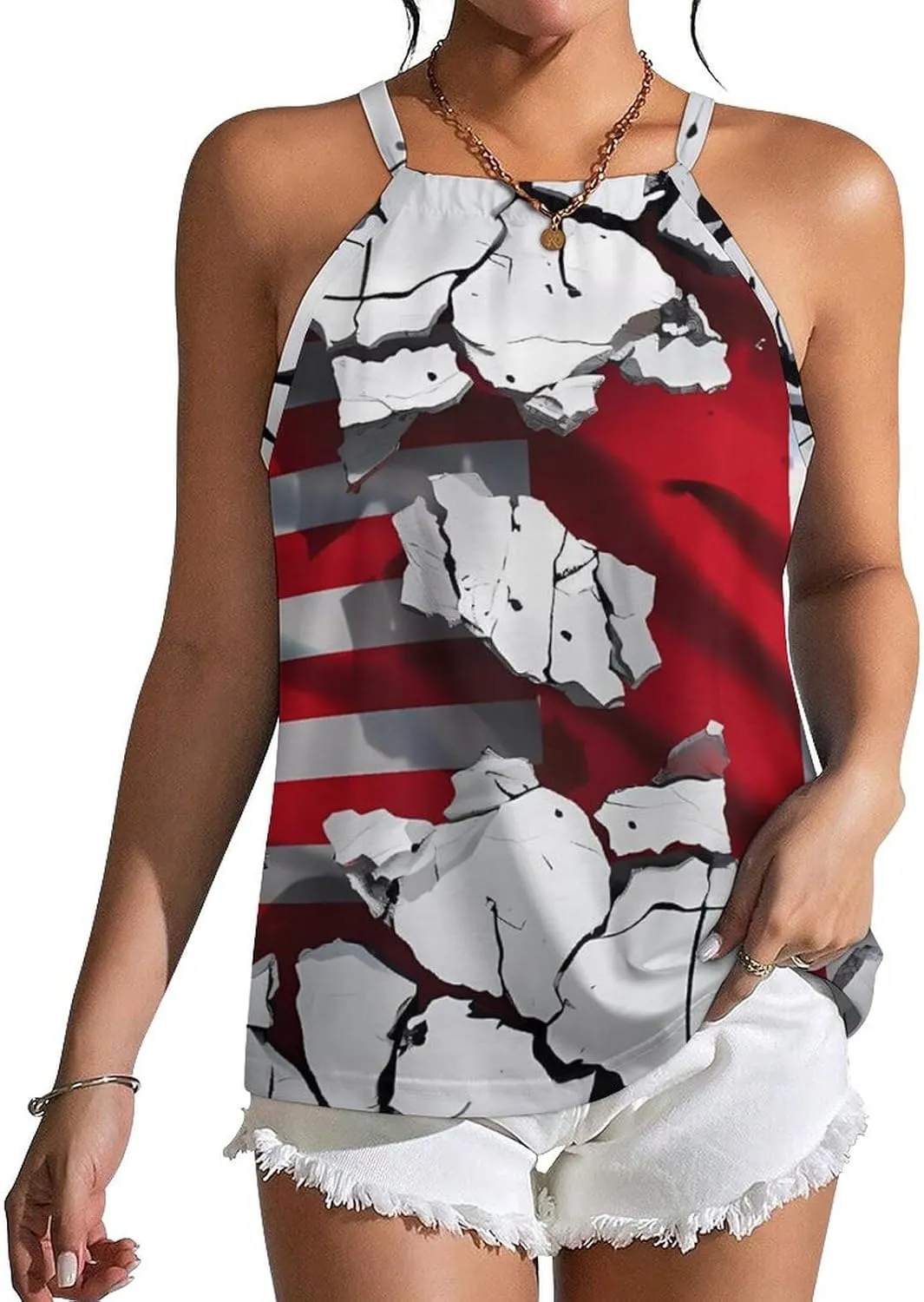 Wall Cracked American Canada Flag Women's Tank Top Sleeveless Spaghetti Straps Tie Back Print T-shirt Tops