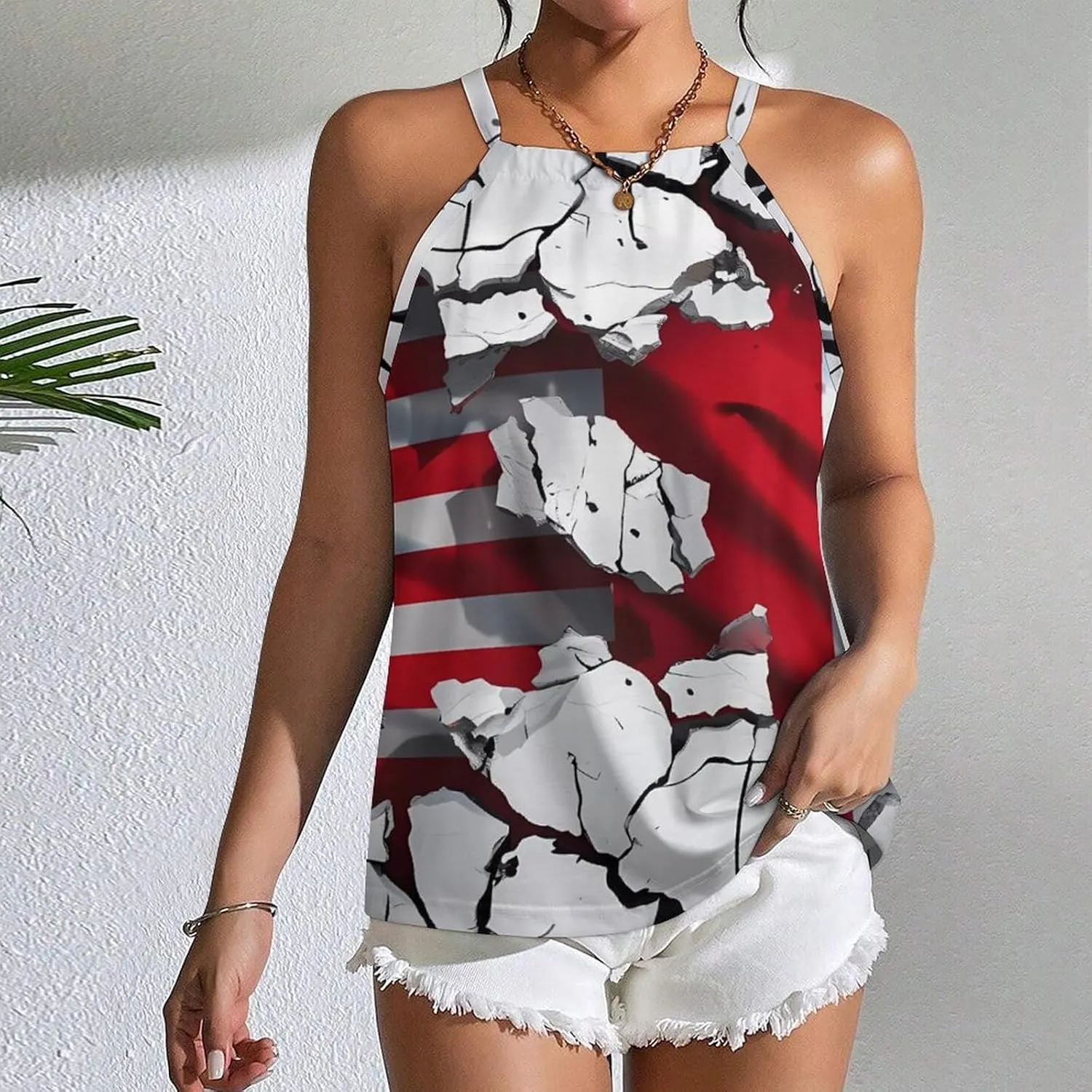 Wall Cracked American Canada Flag Women's Tank Top Sleeveless Spaghetti Straps Tie Back Print T-shirt Tops