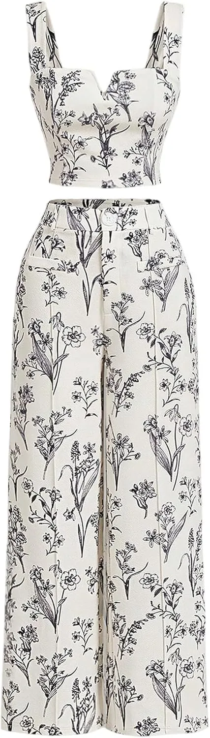 WDIRARA Women's 2 Piece Set Floral Sleeveless Tank Top High Waisted Wide Leg Pants Outfits
