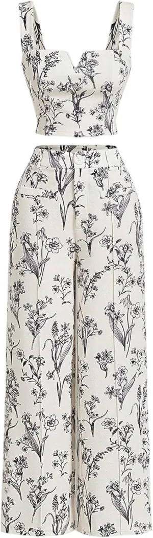 WDIRARA Women's 2 Piece Set Floral Sleeveless Tank Top High Waisted Wide Leg Pants Outfits