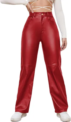 WDIRARA Women's Slant Pocket Straight Leg High Stretch Jeans Leather Look Long Pants