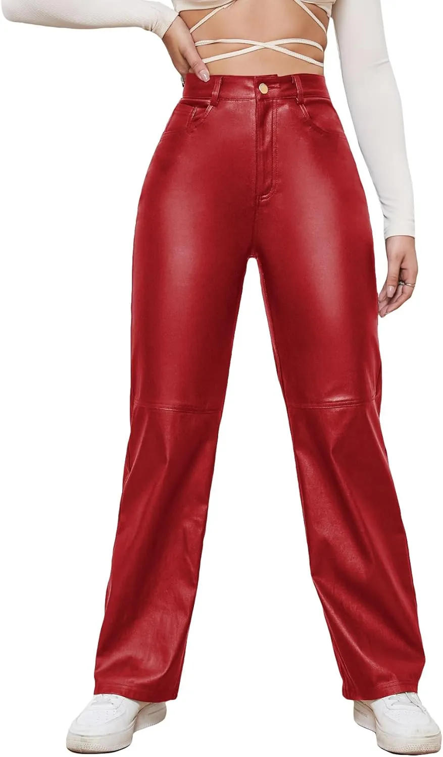 WDIRARA Women's Slant Pocket Straight Leg High Stretch Jeans Leather Look Long Pants
