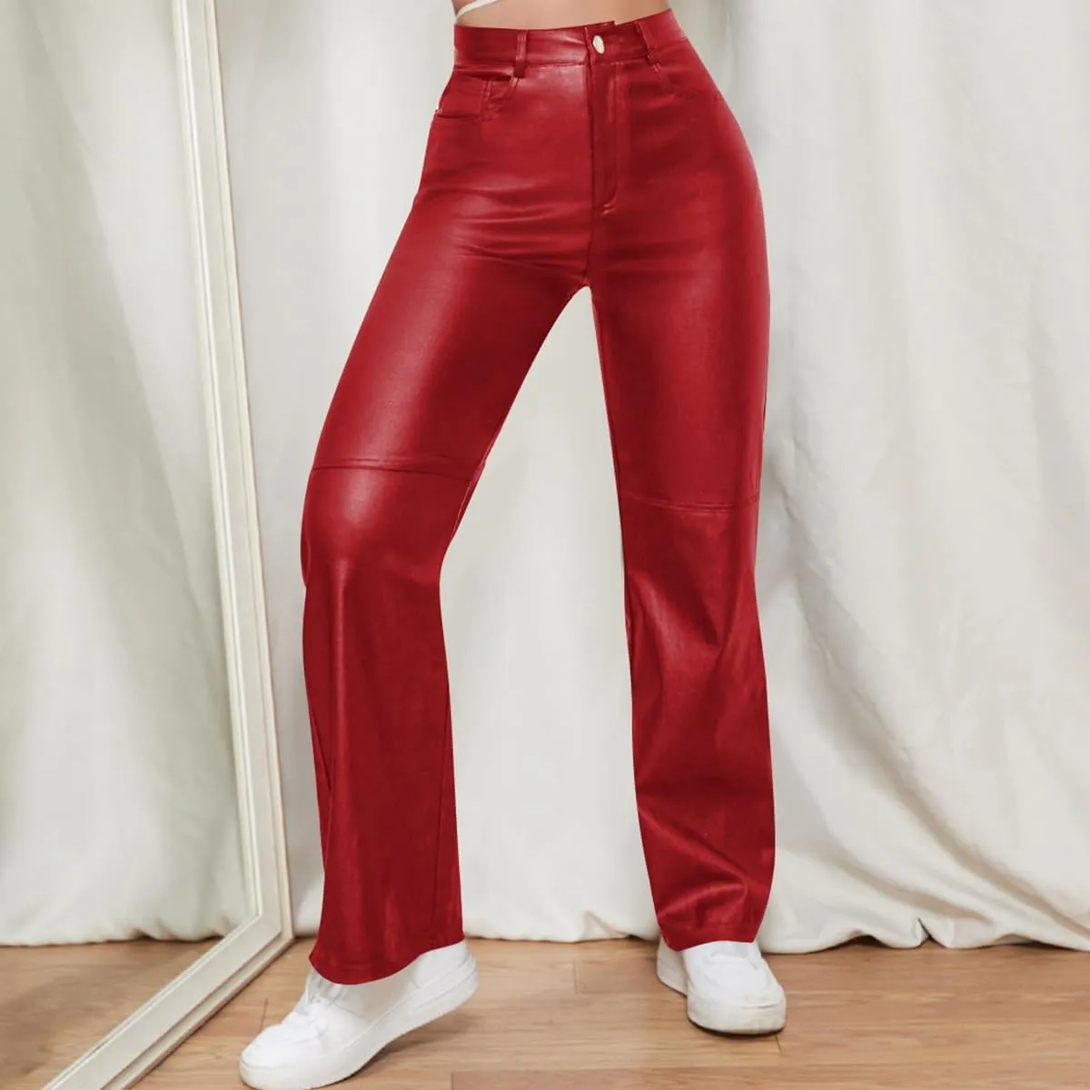 WDIRARA Women's Slant Pocket Straight Leg High Stretch Jeans Leather Look Long Pants