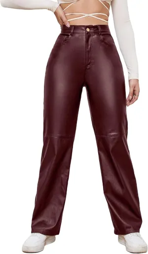 WDIRARA Women's Slant Pocket Straight Leg High Stretch Jeans Leather Look Long Pants