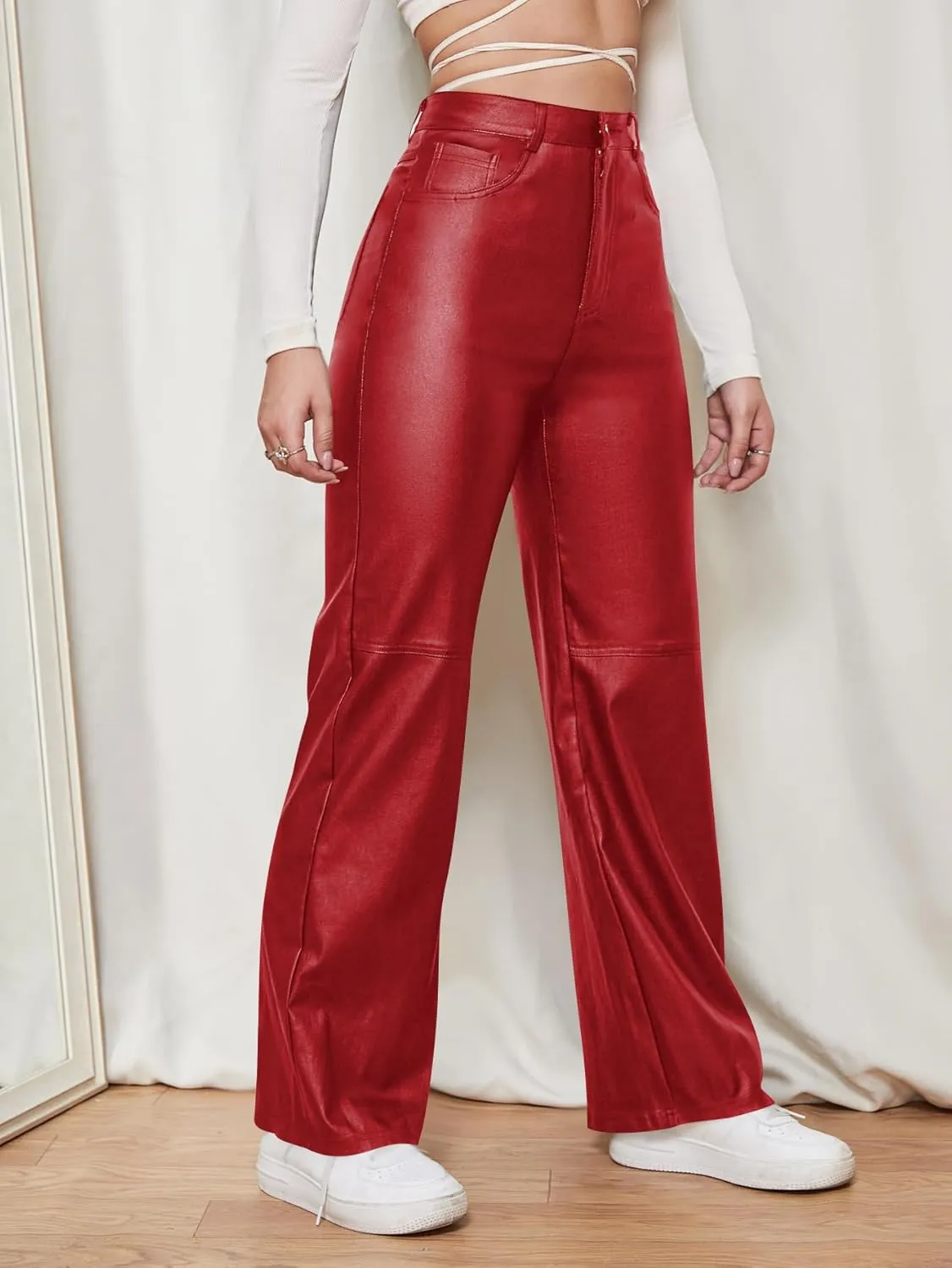WDIRARA Women's Slant Pocket Straight Leg High Stretch Jeans Leather Look Long Pants