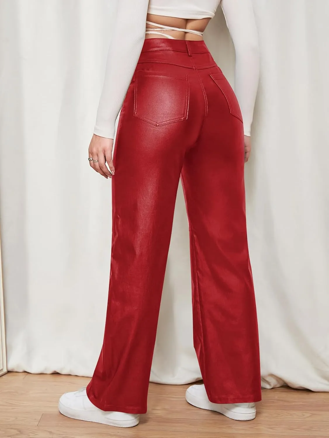 WDIRARA Women's Slant Pocket Straight Leg High Stretch Jeans Leather Look Long Pants