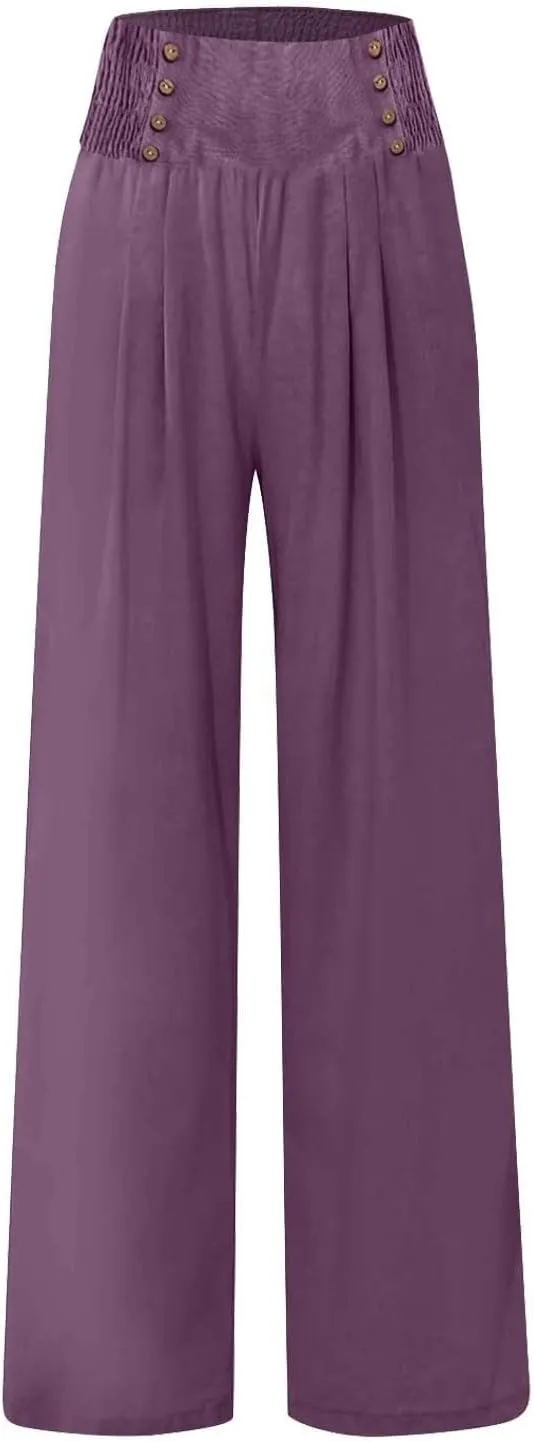 Wide Leg Linen Pants for Women Summer Drawstring Beach Pants Casual Elastic Waist Trouser Comfy Lounge Pants