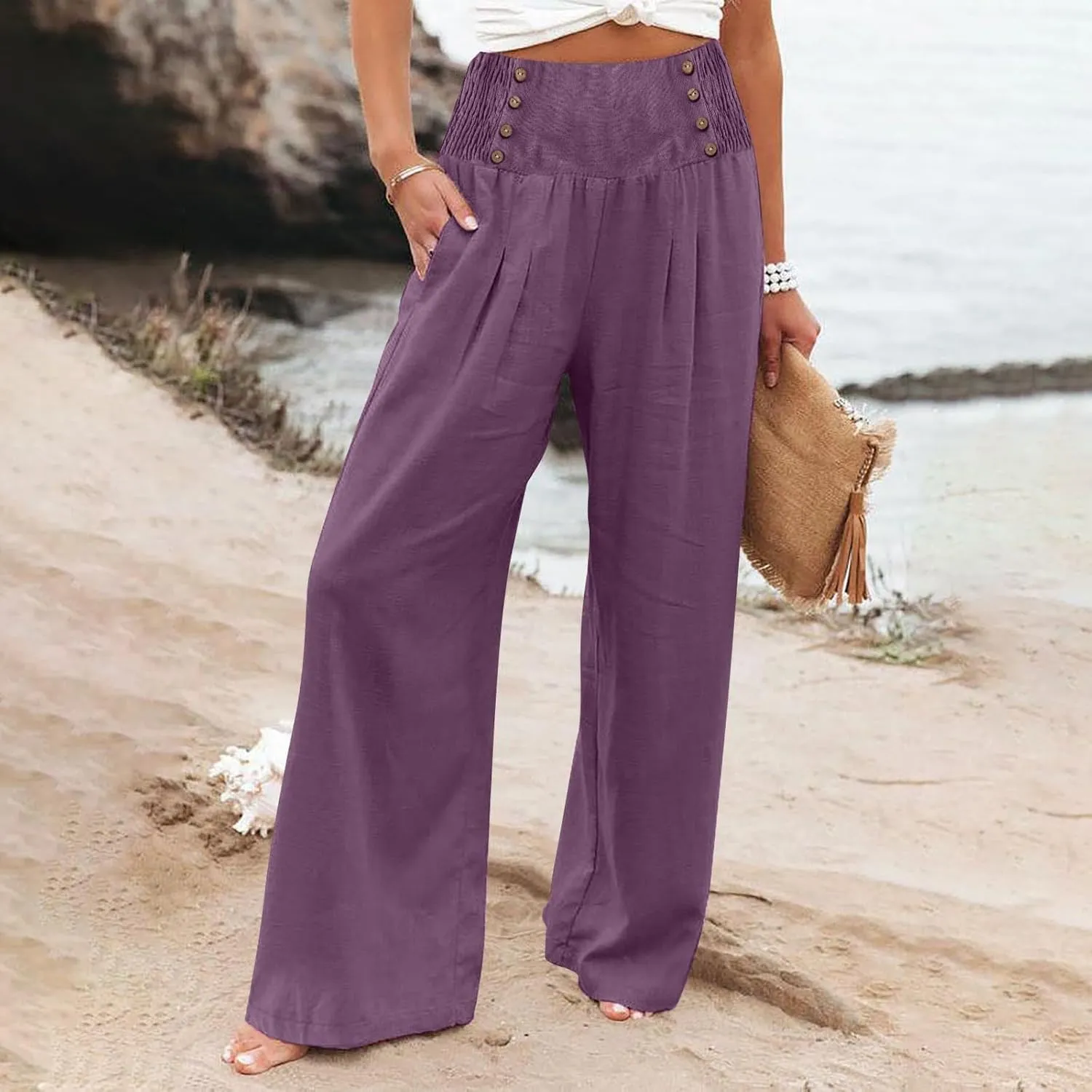 Wide Leg Linen Pants for Women Summer Drawstring Beach Pants Casual Elastic Waist Trouser Comfy Lounge Pants
