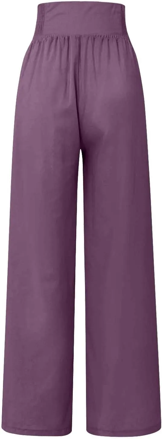 Wide Leg Linen Pants for Women Summer Drawstring Beach Pants Casual Elastic Waist Trouser Comfy Lounge Pants