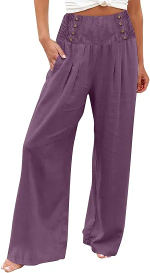 Wide Leg Linen Pants for Women Summer Drawstring Beach Pants Casual Elastic Waist Trouser Comfy Lounge Pants
