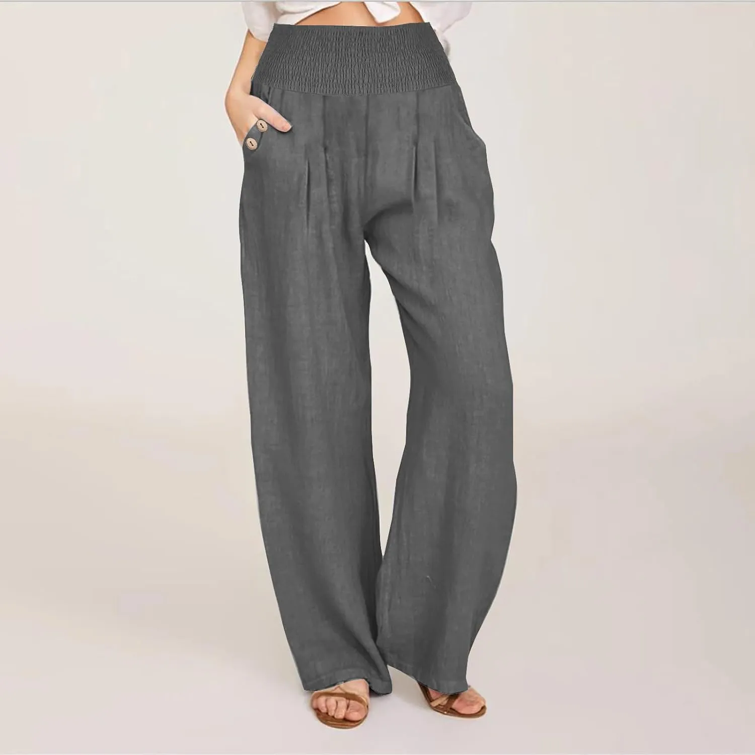 Wide Leg Linen Pants Women Smocked High Waisted Palazzo Pants Dressy Casual Ladies Loose Lounge Trousers with Pockets