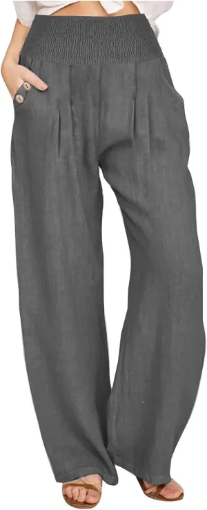Wide Leg Linen Pants Women Smocked High Waisted Palazzo Pants Dressy Casual Ladies Loose Lounge Trousers with Pockets
