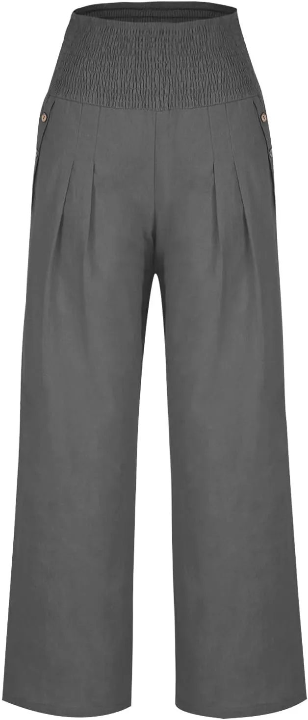 Wide Leg Linen Pants Women Smocked High Waisted Palazzo Pants Dressy Casual Ladies Loose Lounge Trousers with Pockets