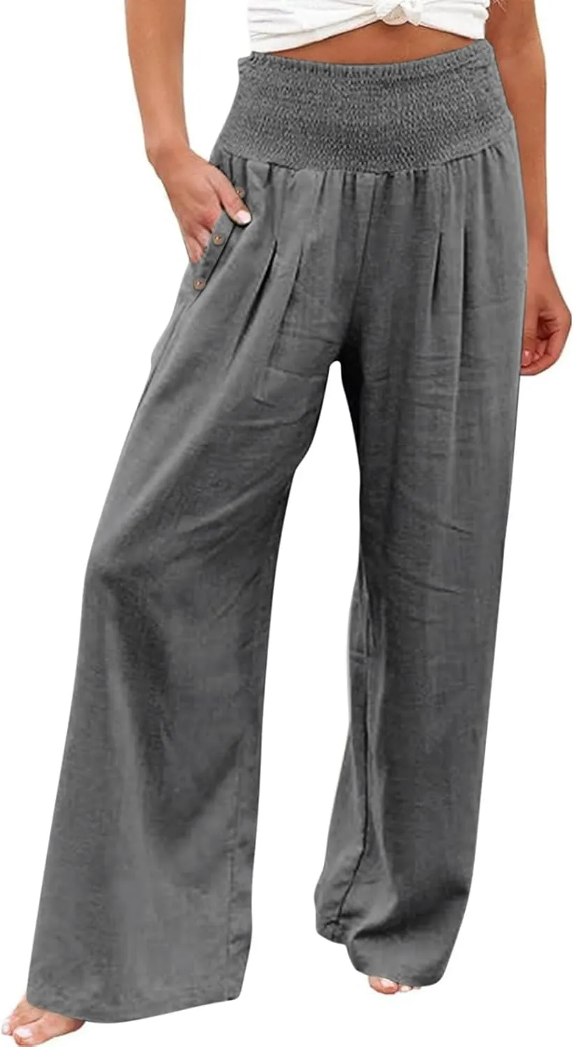 Wide Leg Linen Pants Women Smocked High Waisted Palazzo Pants Dressy Casual Ladies Loose Lounge Trousers with Pockets