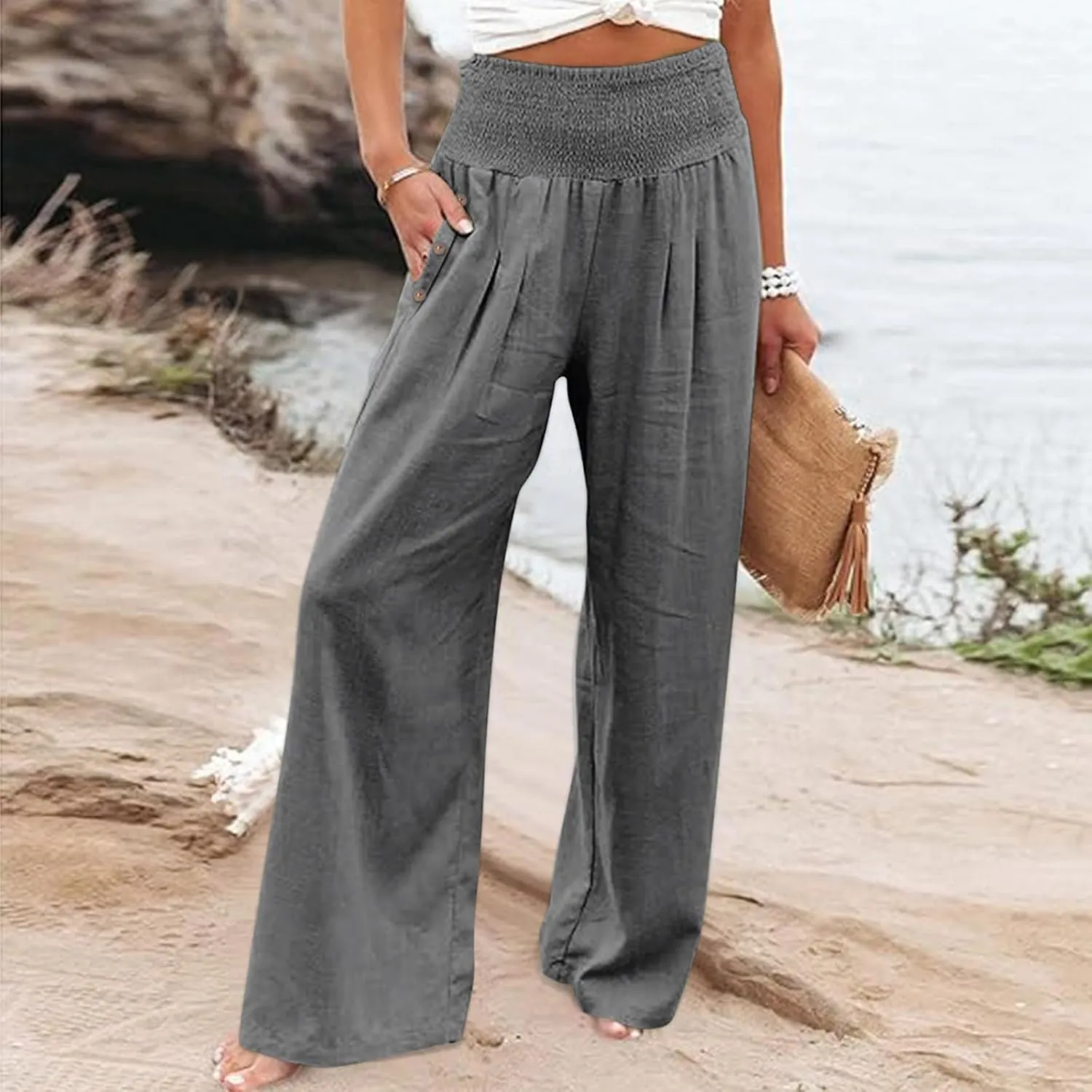 Wide Leg Linen Pants Women Smocked High Waisted Palazzo Pants Dressy Casual Ladies Loose Lounge Trousers with Pockets