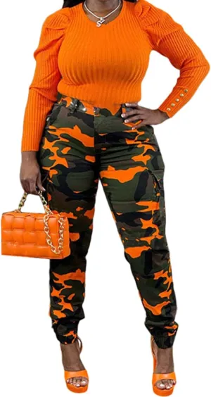 Woman's Casual Camouflage Camo Cargo Long Pants with Pockets