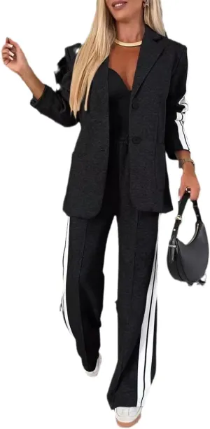 Women 2 Piece Business Outfits Sets Striped Print Blazer Jacket and Wide Leg Pants Work Casual Office Suit Sets