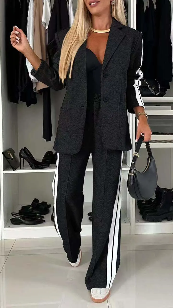 Women 2 Piece Business Outfits Sets Striped Print Blazer Jacket and Wide Leg Pants Work Casual Office Suit Sets