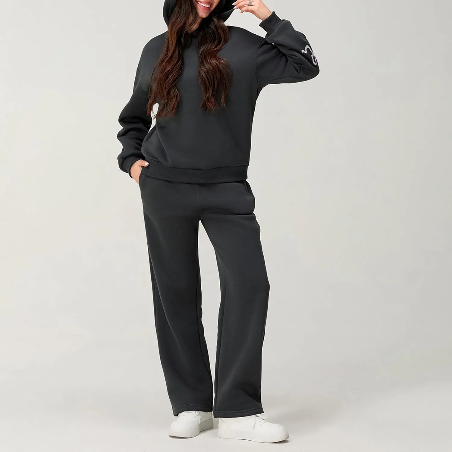 Women 2 Piece Outfits Bow Print Long Sleeve Oversized Sweatshirt Hoodies Baggy Wide Leg Sweatpants Fall Sweatsuits