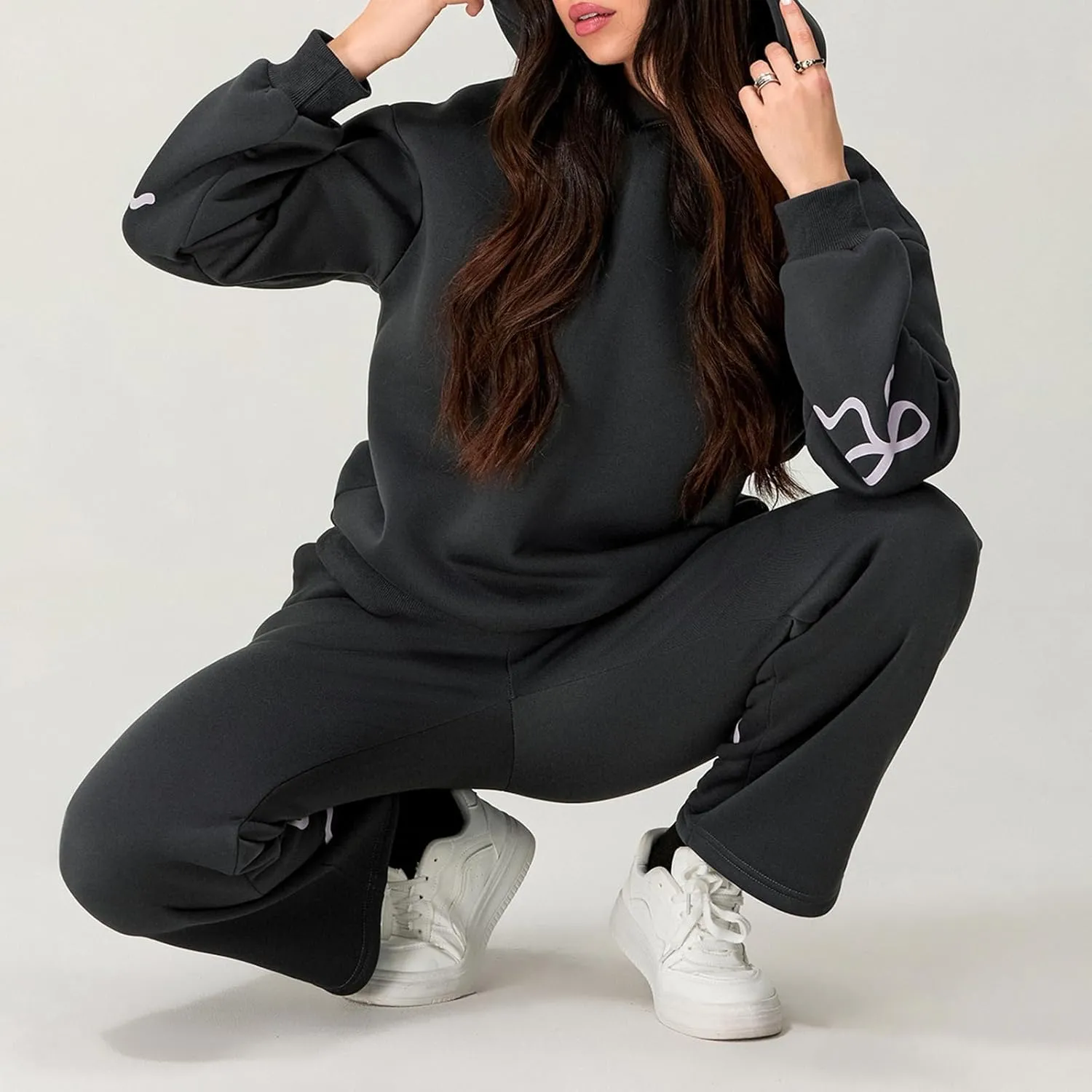 Women 2 Piece Outfits Bow Print Long Sleeve Oversized Sweatshirt Hoodies Baggy Wide Leg Sweatpants Fall Sweatsuits