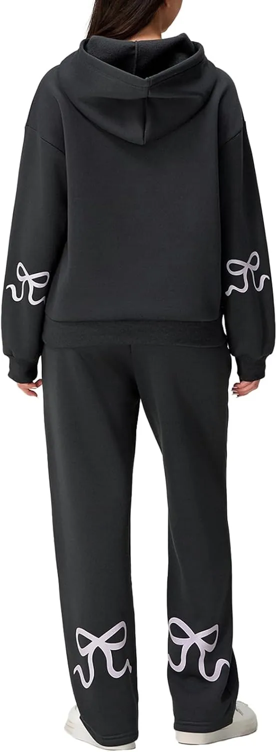 Women 2 Piece Outfits Bow Print Long Sleeve Oversized Sweatshirt Hoodies Baggy Wide Leg Sweatpants Fall Sweatsuits