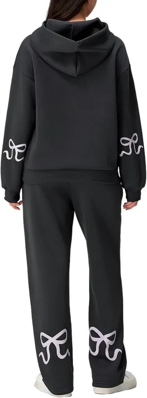 Women 2 Piece Outfits Bow Print Long Sleeve Oversized Sweatshirt Hoodies Baggy Wide Leg Sweatpants Fall Sweatsuits