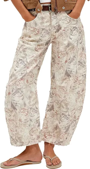 Women Barrel Jeans Casual Wide Leg Baggy Daisy Printed Pants Y2k Boyfriend Mid Rise Denim Ankle Pants